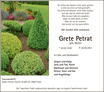Traueranzeige von Grete Petrat von SYK