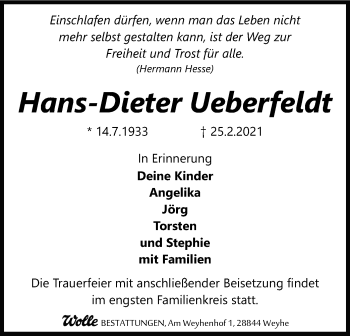 Traueranzeige von Hans-Dieter Ueberfeldt von SYK