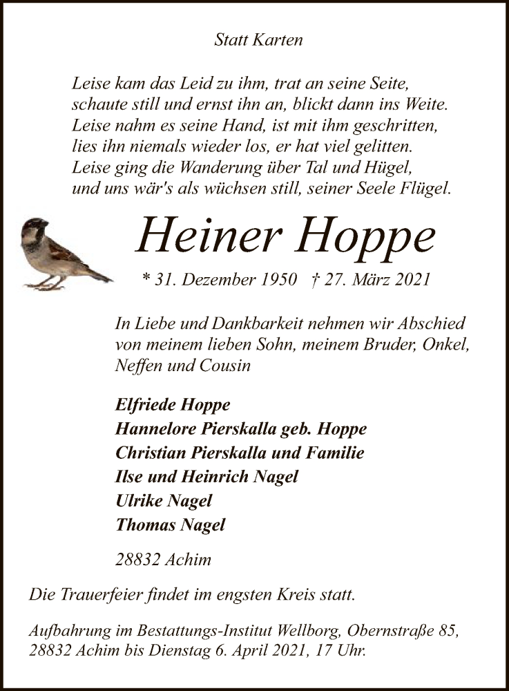  Traueranzeige für Heiner Hoppe vom 31.03.2021 aus SYK