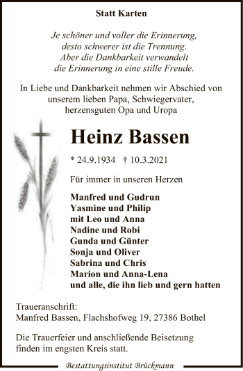 Traueranzeige von Heinz Bassen von SYK