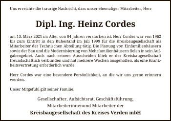 Traueranzeige von Heinz Cordes von SYK