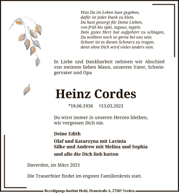 Traueranzeige von Heinz Cordes von SYK