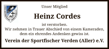 Traueranzeige von Heinz Cordes von SYK