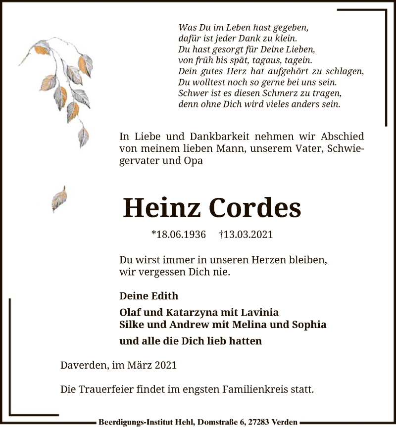  Traueranzeige für Heinz Cordes vom 20.03.2021 aus SYK