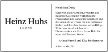 Traueranzeige von Heinz Huhs von SYK