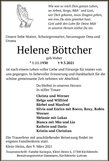 Traueranzeige von Helene Böttcher von SYK