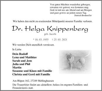 Traueranzeige von Helga Knippenberg von SYK