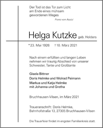 Traueranzeige von Helga Kutzke von SYK