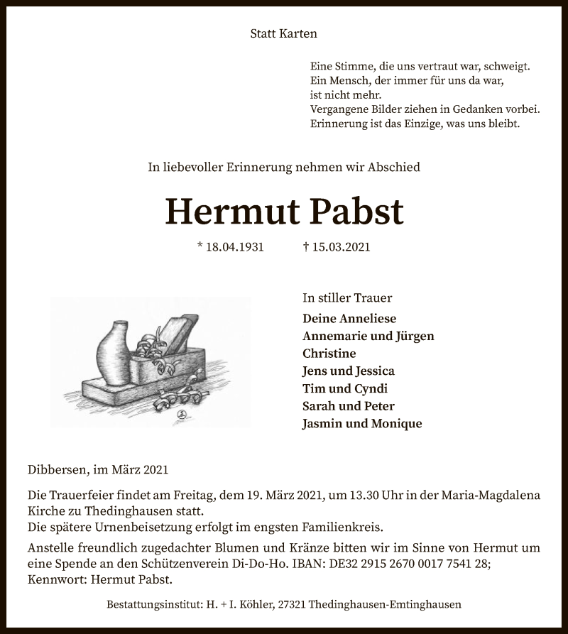  Traueranzeige für Hermut Pabst vom 17.03.2021 aus SYK
