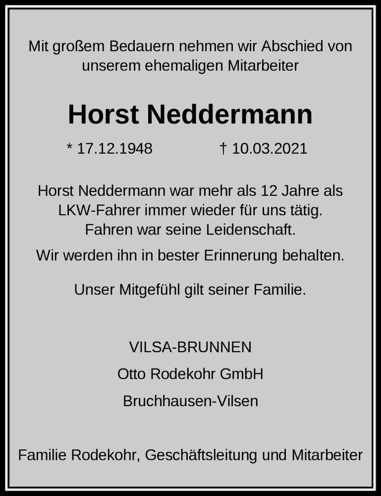  Traueranzeige für Horst Neddermann vom 25.03.2021 aus SYK