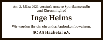 Traueranzeige von Inge Helms von SYK