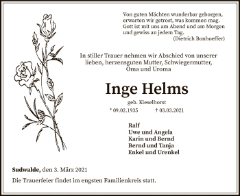 Traueranzeige von Inge Helms von SYK