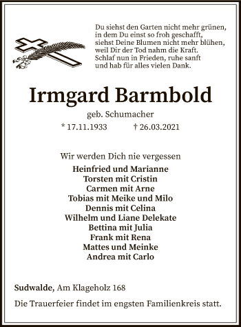 Traueranzeige von Irmgard Barmbold von SYK