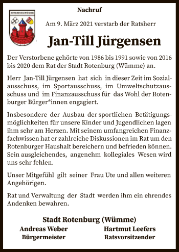 Traueranzeige von Jan-Till Jürgensen von SYK