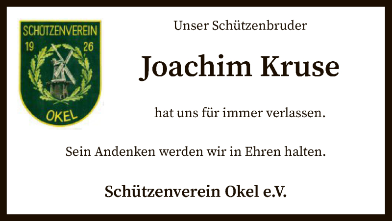  Traueranzeige für Joachim Kruse vom 30.03.2021 aus SYK