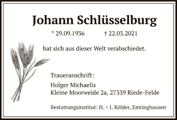 Traueranzeige von Johann Schlüsselburg von SYK