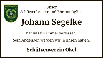 Traueranzeige von Johann Segelke von SYK