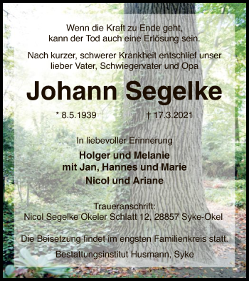 Traueranzeige von Johann Segelke von SYK