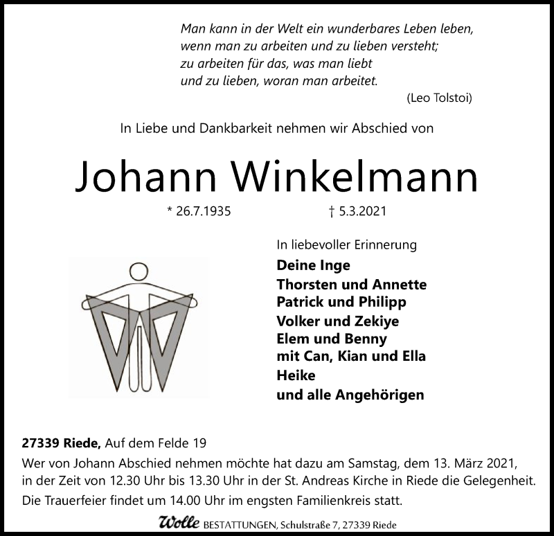  Traueranzeige für Johann Winkelmann vom 10.03.2021 aus SYK