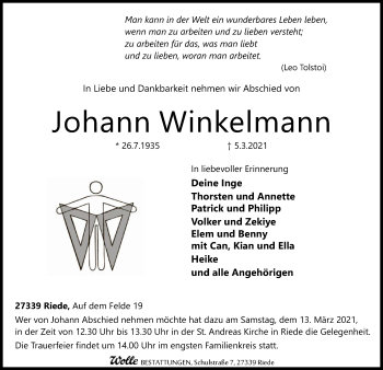 Traueranzeige von Johann Winkelmann von SYK