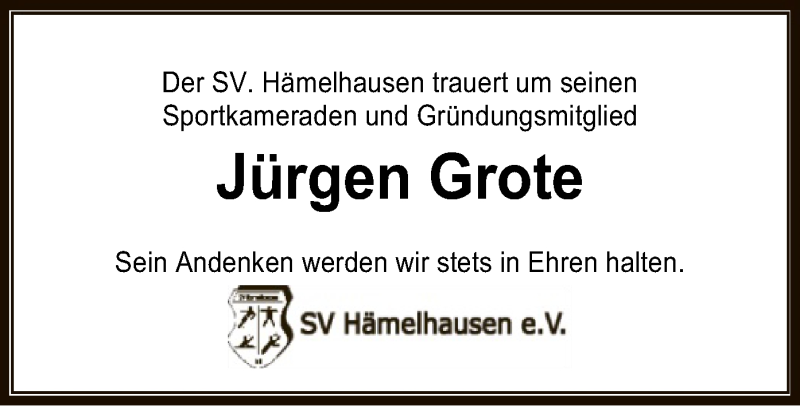  Traueranzeige für Jürgen Grote vom 27.03.2021 aus SYK