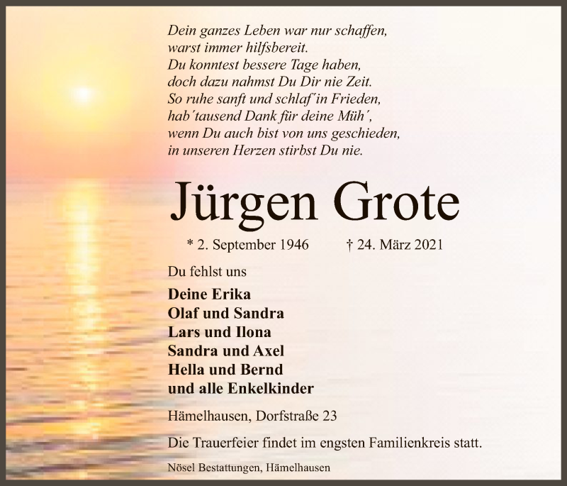  Traueranzeige für Jürgen Grote vom 27.03.2021 aus SYK