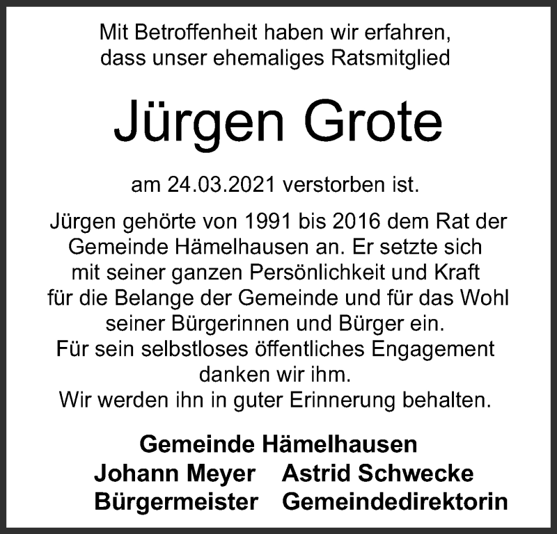  Traueranzeige für Jürgen Grote vom 27.03.2021 aus SYK