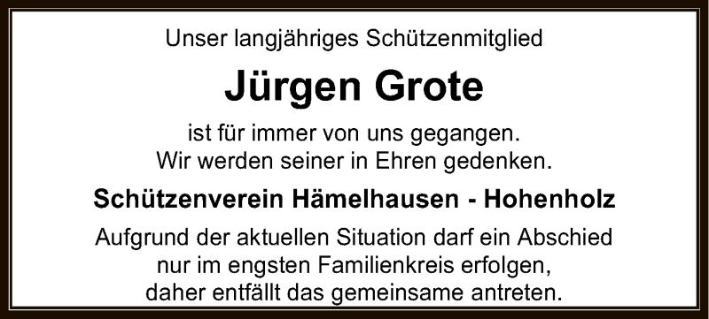  Traueranzeige für Jürgen Grote vom 27.03.2021 aus SYK