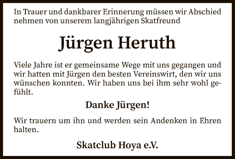  Traueranzeige für Jürgen Heruth vom 19.03.2021 aus SYK