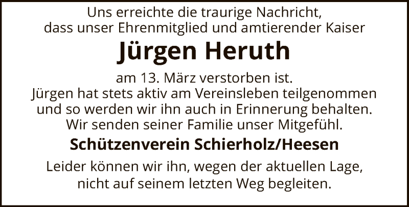  Traueranzeige für Jürgen Heruth vom 20.03.2021 aus SYK
