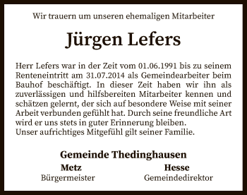 Traueranzeige von Jürgen Lefers von SYK