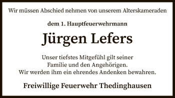 Traueranzeige von Jürgen Lefers von SYK