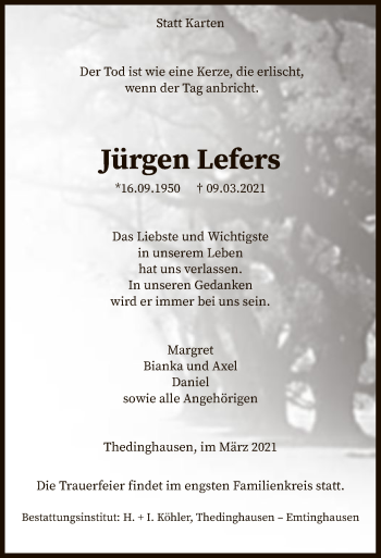 Traueranzeige von Jürgen Lefers von SYK