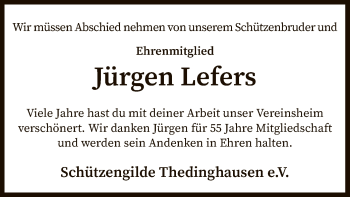 Traueranzeige von Jürgen Lefers von SYK