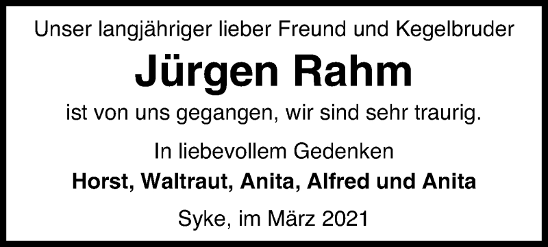 Traueranzeige für Jürgen Rahm vom 30.03.2021 aus SYK