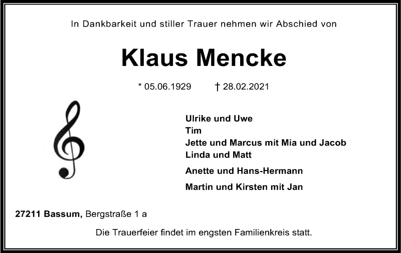  Traueranzeige für Klaus Mencke vom 03.03.2021 aus SYK