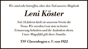 Traueranzeige von Leni Köster von SYK