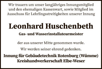 Traueranzeige von Leonhard Huschenbeth von SYK