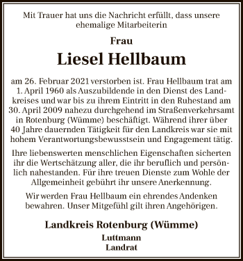 Traueranzeige von Liesel Hellbaum von SYK