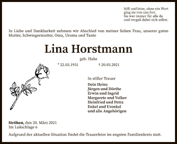 Traueranzeige von Lina Horstmann von SYK