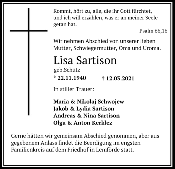 Traueranzeige von Lisa Sartison von SYK