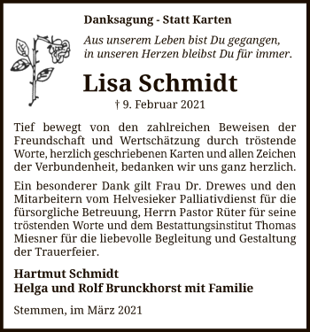 Traueranzeige von Lisa Schmidt von SYK