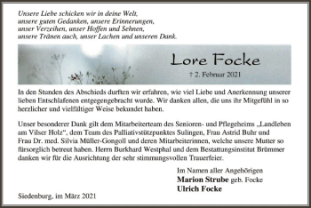 Traueranzeige von Lore Focke von SYK