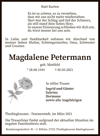 Traueranzeige von Magdalene Petermann von SYK