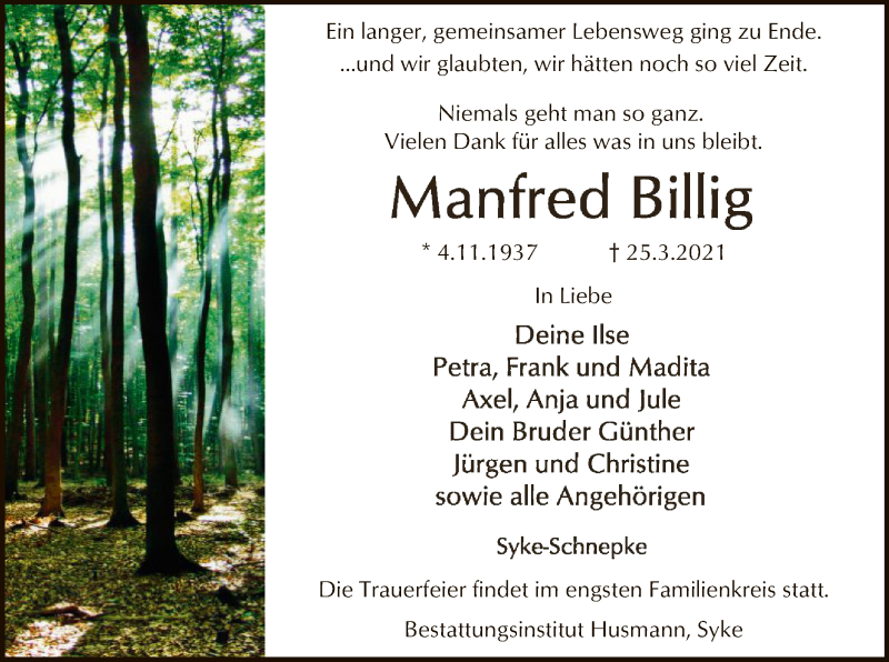  Traueranzeige für Manfred Billig vom 31.03.2021 aus SYK
