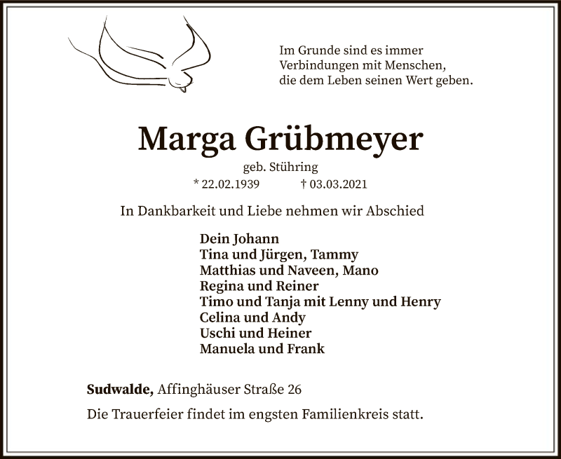  Traueranzeige für Marga Grübmeyer vom 06.03.2021 aus SYK
