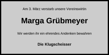 Traueranzeige von Marga Grübmeyer von SYK