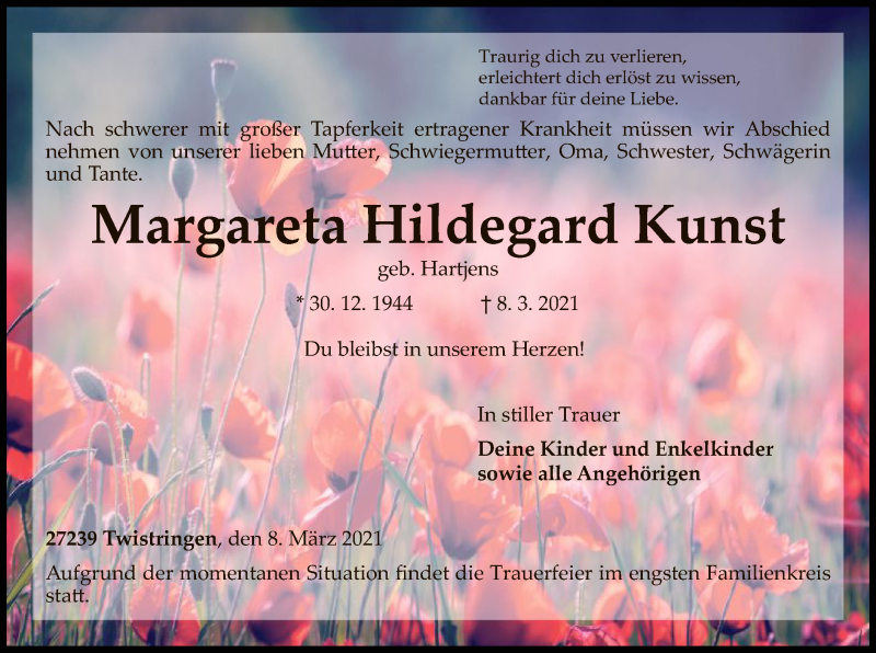 Traueranzeige für Margareta Hildegard Kunst vom 11.03.2021 aus SYK