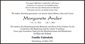 Traueranzeige von Margarete Ander von SYK