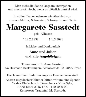 Traueranzeige von Margarete Sasstedt von SYK